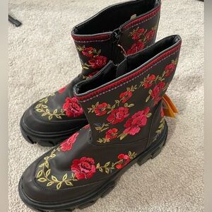 FARM Rio Black Combat Boots with Red Floral Embroidery